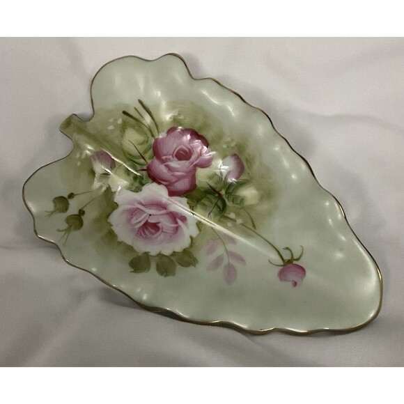 Lefton Heritage Green Pink Cabbage Roses Leaf Dish #1860 Gold Trim Japan Vtg - Picture 1 of 11